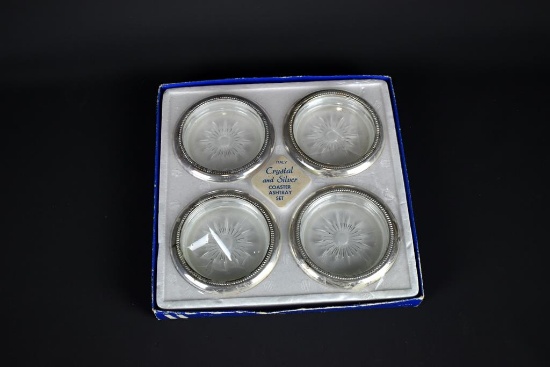 Leonard Crystal & Silver Coaster/Ashtray Set in Original Box