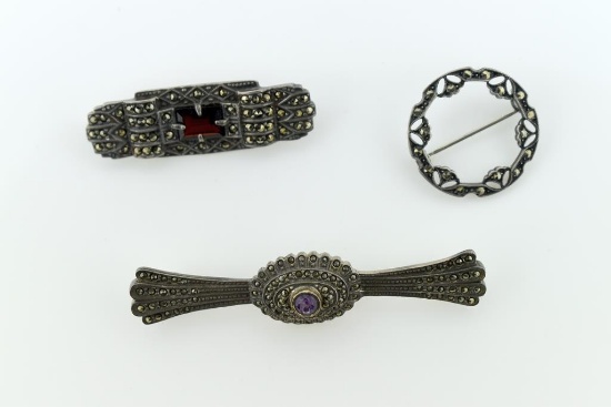 Three Sterling Silver Pins with Hematite and Other Stones