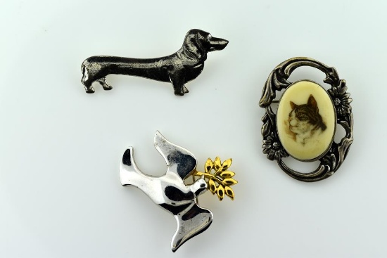 Lot of Three Sterling Silver Animal Pins