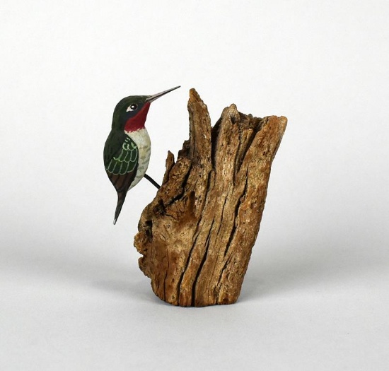 Hand Carved Ruby Throated Hummingbird on Wooden Base Signed TR