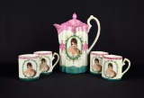 Antique Royal Vienna Pink, White,& Teal Porcelain Tea Pot with 4 Cups