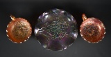 Lot of Three Imperial Carnival Glass “Pansy” Pieces: Purple Bowl & Pair Marigold/Amber Nappies