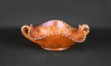 Rare Northwood Carnival Glass “Basket of Roses” Two Handled Marigold Bonbon, Stippled Version