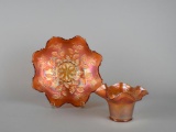 Lot of Two Fenton Carnival Glass “Holly” Marigold Pieces: Vase & Bowl