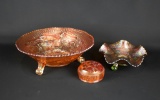 Carnival Glass Lot of  Fenton “Two Flowers” Green & Marigold Bowls and Marigold Flower Frog