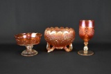 Lot of Three Fenton Carnival Glass “Orange Tree” Marigold Pieces: Sherbet Dish, Rose Bowl, Goblet