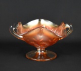 Dugan Carnival Glass “Question Mark” Peach Two Handled Bonbon/Compote