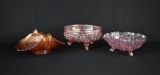 Lot of Three Carnival Glass Pieces: Fenton “Cherry Circles” Bonbon & Others