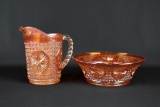 Imperial Carnival Glass “Star Medallion” Marigold 5.5” Pitcher & 7.5” Bowl