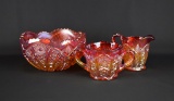 Indiana Glass Carnival Glass “Heirloom Paneled Daisy” Sunset Red Pieces: Bowl, Open Sugar & Creamer