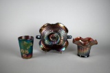 Lot of Three Northwood Carnival Glass: “Smooth Rays” Bonbon, Tumbler & “Vertical Ribs” Hat Vase