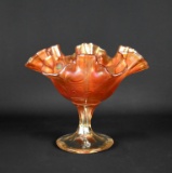 Fenton Carnival Glass “Captive Rose” Marigold 5” H Compote.