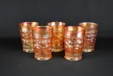 Five Fenton Carnival Glass “Apple Tree” Marigold 4” Tumblers
