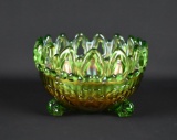 Northwood Carnival Glass “Wild Rose” & “Standard Ray” Green 5” Footed Bowl, Marked