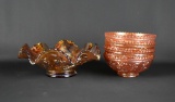 Three Imperial Carnival Glass “Open Rose” Pieces: 8.25” Amber Bowl & Four Marigold Berry Bowls