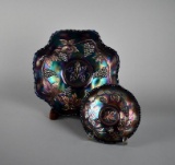 Two Carnival Glass “Grape & Cable” Cobalt Blue Bowls