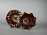 Two Northwood Carnival Glass Amber & Purple “Stippled Rays” Bowls, Marked