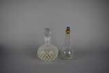 Lot of Two Vintage  Clear & French Opalescent Perfume Bottles w/ Stoppers” Lucien Lelong & Other
