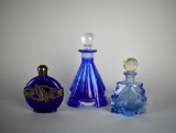 Lot of Three Blue Perfume Bottles w/ Stoppers & Cap