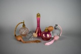 Lot of Five Clear, Pink, & Cranberry Glass Perfume Bottles w/ Atomizers
