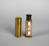 Lot of Two Guilloche Enamel & Brass Purse Cosmetic Items: Makeup Brush & Perfume Bottle