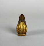 Miniature Brass Over Glass Perfume Bottle w/ Leaf Motif & Rhinestone