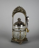 Antique Silver Plate Pickle Castor Jar Frame with Tongs and Cut Glass Jar