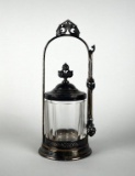Antique Silver Plate Pickle Castor Jar Frame with Tongs and Glass Jar