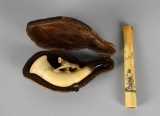 Two Small Antique Smoking Items: Carved Pipe with Leather Case, Scrimshaw Decorated Cigarette Holder