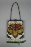 Antique Hand Beaded Frame Purse, White w/ Roses