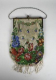 Antique Hand Beaded Frame Purse, White w/ Florals & Swags