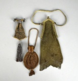 Lot of Three Antique Gold Colored Chain Mesh Purses & Beaded Coin Purse