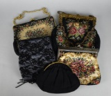 Lot of Five Black Tapestry, Beaded & Cloth Frame Handbags