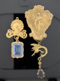 Two Art Nouveau Period Pin Pendants with Large Iridescent Jewel Drops