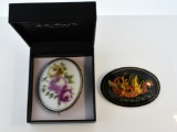 Two Hand Ptd. Oval Pins: German Porcelain Suffering Mother's Pin & Russian Wooden Winter Troika Pin