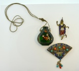 Three Enameled Asian Items: Two Pins & One Necklace