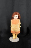 Antique Porcelain & Papier Mache 8” Doll w/ Glass Eyes & Doll Stand, Marked