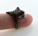 Vintage Sterling Silver Fish Ring with Amethyst in Mouth & Red Stone Eyes, Size 7.5
