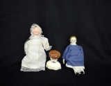 Lot of Two Antique Porcelain & Soft Body 7” Dolls & Doll Head, Unmarked