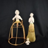 Lot of Three Old Half Dolls: Japan Whisk Broom, Half Doll Lamp Frame, & Other