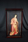 Vintage Oriental Japanese 16” Geisha Doll in Wood & Glass Case