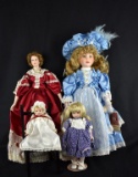 Lot of Four Porcelain & Soft Body Dolls w/ Wooden Doll Chair: Goebel & Dynasty Dolls