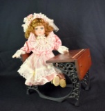 Lot of Porcelain & Soft Body 15.5” Doll & Doll-Sized Wooden & Metal Doll School Desk