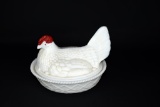 Vintage Milk Glass Hen w/ Red Comb on Nest Covered Dish