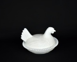 Vintage Milk Glass Hen on Nest Covered Dish w/ Beaded Rim II