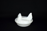 Vintage Milk Glass Hen on Diamond Nest Covered Dish w/ Beaded Rim