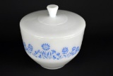Vintage Federal Milk Glass Mixing Bowl & Lid w/ Blue Flowers
