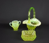 Lot of Three Small Yellow Vaseline Glass Pieces: Fenton & Other