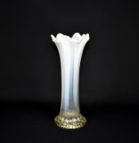 Northwood Glass “Feathers” White Opalescent 10” Vase w/ Scalloped & Ruffled Rim