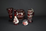 Lot of Five Ruby Glass Pieces: Vase, Rose Bowl, Stein, Decanter, & Paperweight